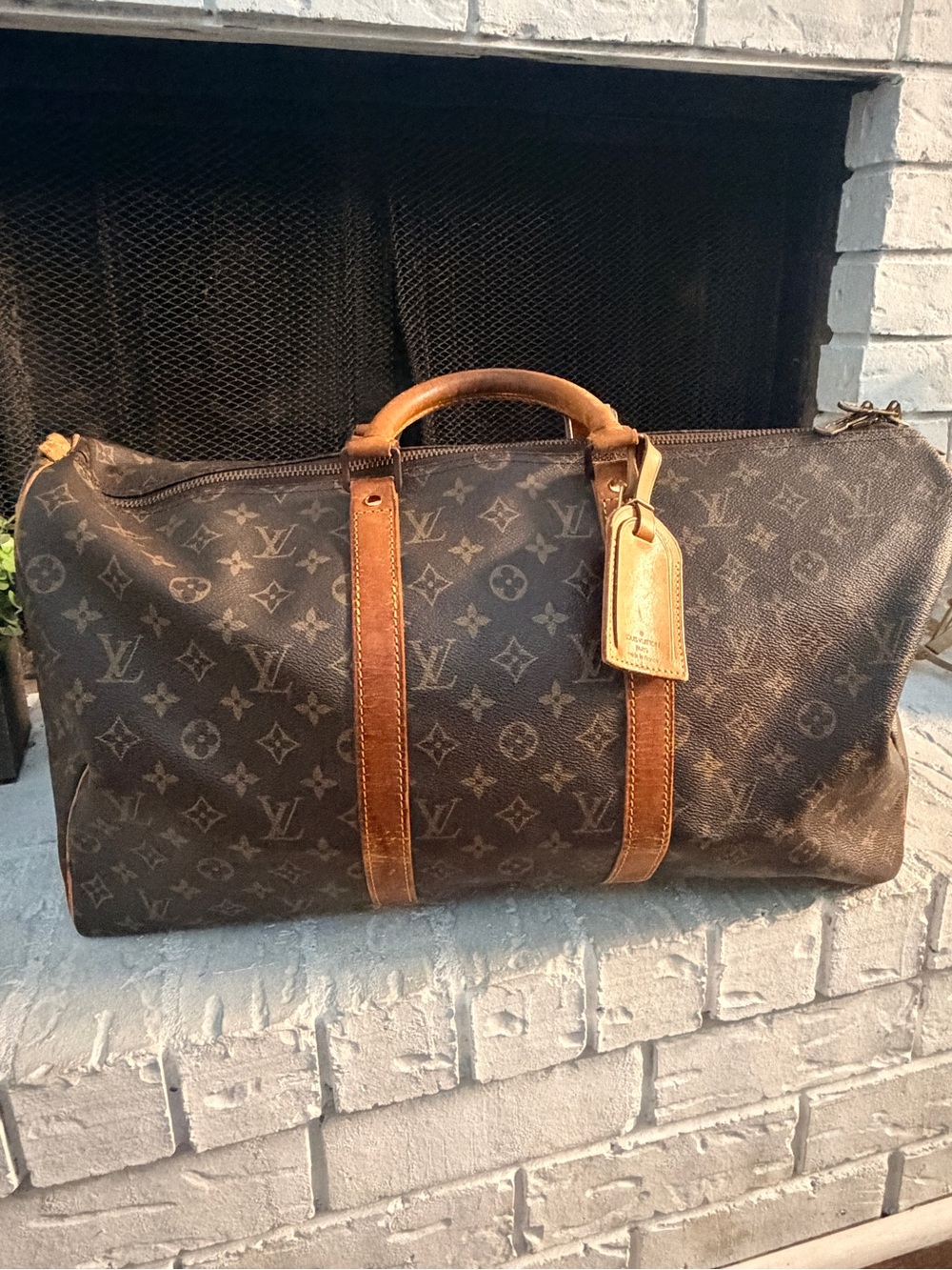 Louis Vuitton Brown Monogram Travel Duffel with Tan Leather Trim
